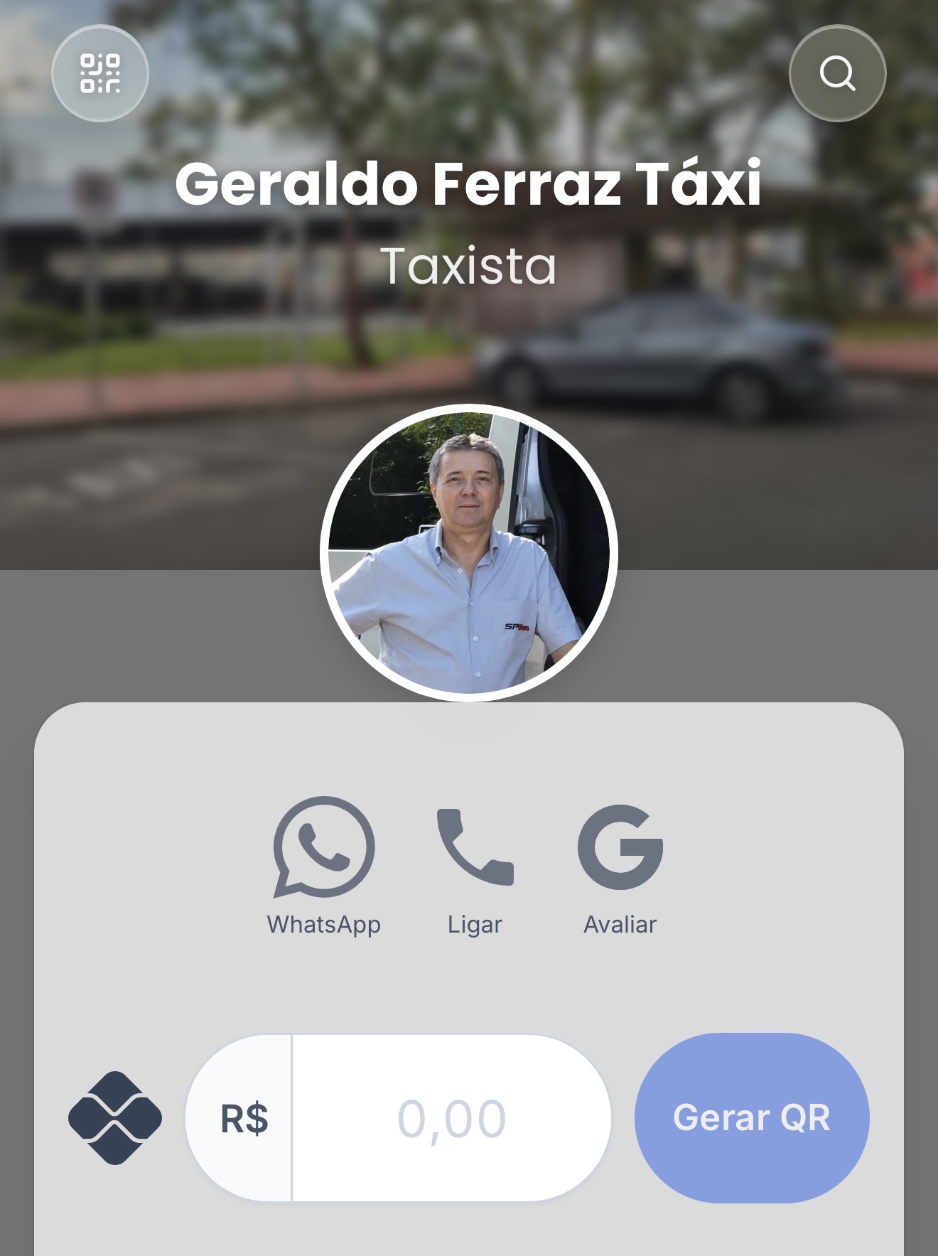 Exemplo de guia digital de Geraldo Ferraz Táxi com apresentação e atalhos para WhatsApp, ligação e avaliação